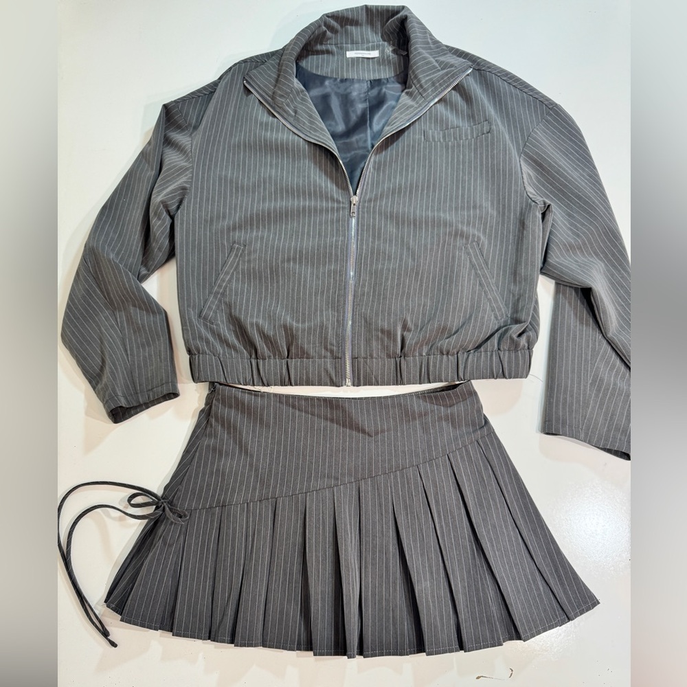 Gray Pinstripe Jacket and Skirt Set